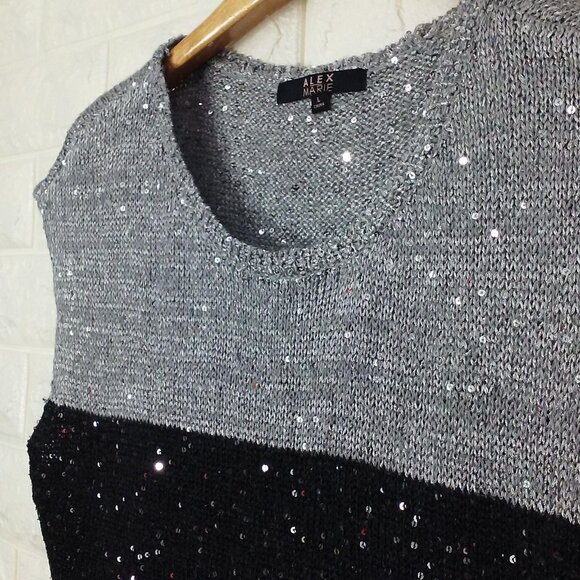 Alex Marie Knit Sweater Vest Lady-L Metallic Sequins Black Silver Gray Colorbloc - Picture 4 of 8